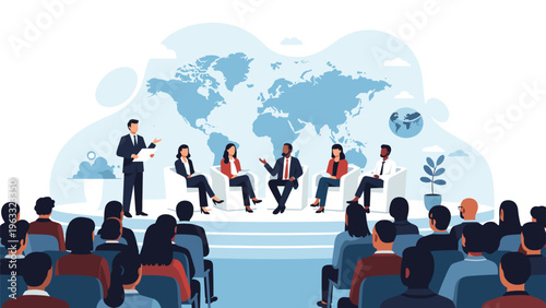 Large audience listens attentively to a panel of diverse speakers during a global business conference with a world map background.