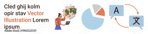 Education, global communication, language translation, data analysis, digital learning, remote collaboration. Woman using a laptop, pie chart translation arrows. Global communication and language