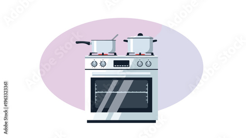 Modern white kitchen stove with four gas burners, an oven, and two stainless steel cooking pots on top against a purple background.
