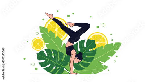 Fit woman in black sportswear practices a yoga handstand pose against a background of oversized tropical leaves and lemon slices.