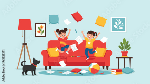 Two happy young girls jump joyfully on a red sofa while throwing colorful pillows and papers in a bright and playful living room.