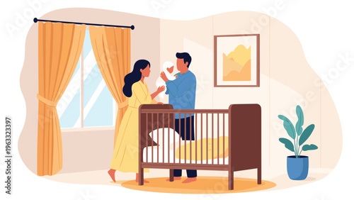 Loving young parents stand together in a nursery room next to a wooden crib while the father gently holds their newborn baby.