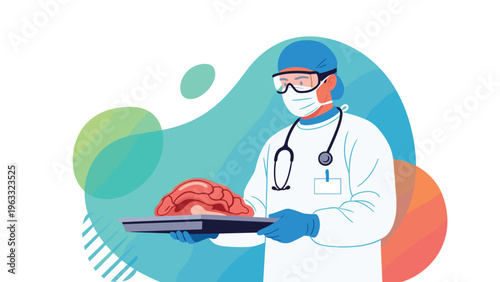 Medical professional in protective gear holding a human brain on a tray against a colorful abstract background for science and research.