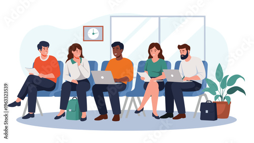 Diverse individuals sitting in a waiting room area while using laptops and engaging in conversation before a meeting or job interview session.