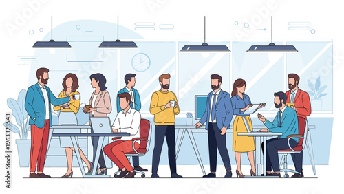 Energetic office environment with diverse professionals collaborating, talking, and working on laptops in a spacious open-plan modern workplace.