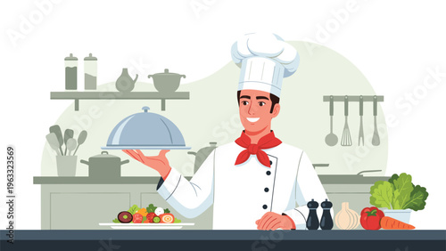Smiling professional chef in uniform holding a silver cloche platter in a well-equipped kitchen with fresh vegetables and cooking tools.