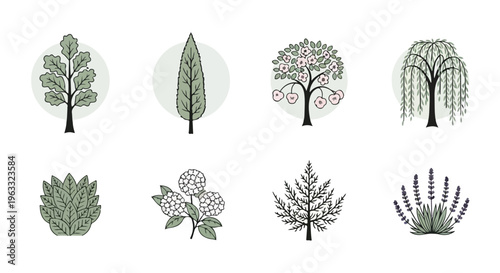 Set of 8 Green Tree and Bush Vector Icons