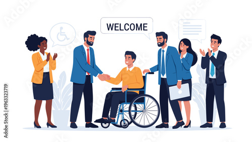 Inclusive workplace where diverse business professionals warmly welcome a new colleague in a wheelchair with handshakes and applause.