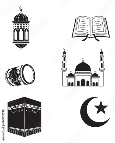 A collection of essential religious symbols often associated with the islamic faith and cultural practices including a traditional hanging lantern for ramadan celebrations a holy quran book resting on