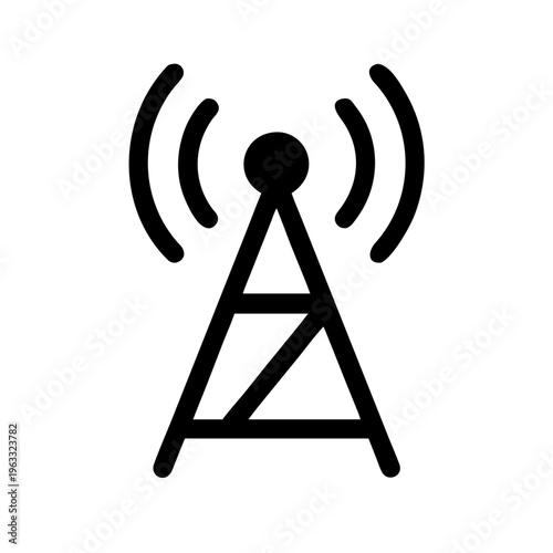 Radio tower icon with signal waves, black telecommunication antenna vector, wireless broadcast transmitter symbol for network connectivity