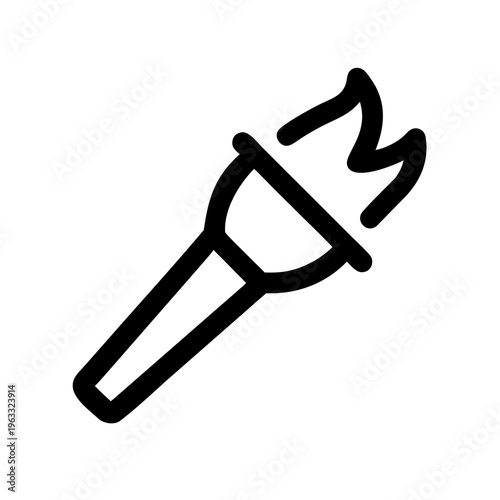 Minimalist flaming torch vector icon, black line art torch with burning flame, simple olympic torch symbol for sports and achievement