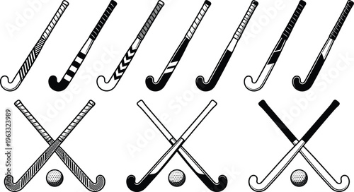 Black and white vector icon set of field hockey sticks and balls in various patterns and crossed stick layouts.