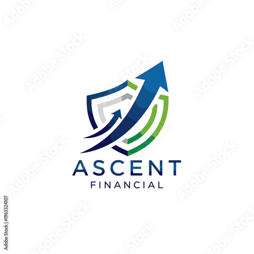 Fotografia Ascent Financial logo featuring a shield with an upward-pointing arrow, symbolizing growth and security