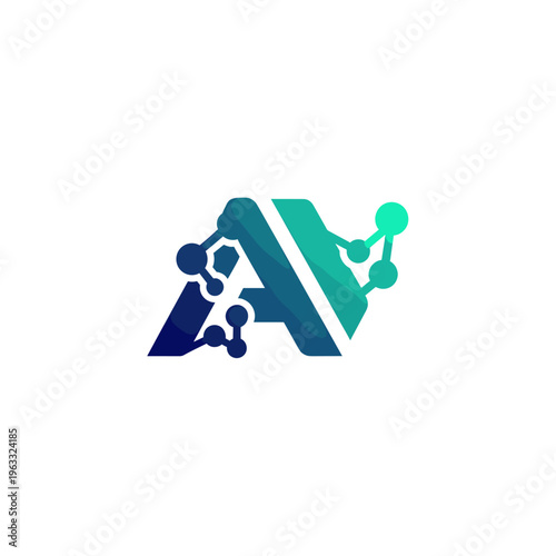 Abstract letter A logo with molecular connections and gradient colors.