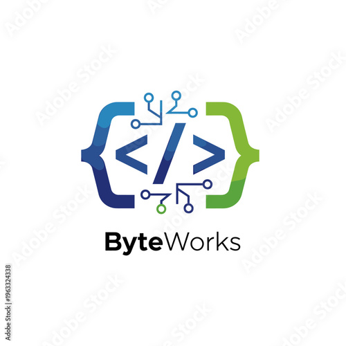 Tableau sur toile ByteWorks logo featuring stylized code brackets and circuitry, representing technology and software development