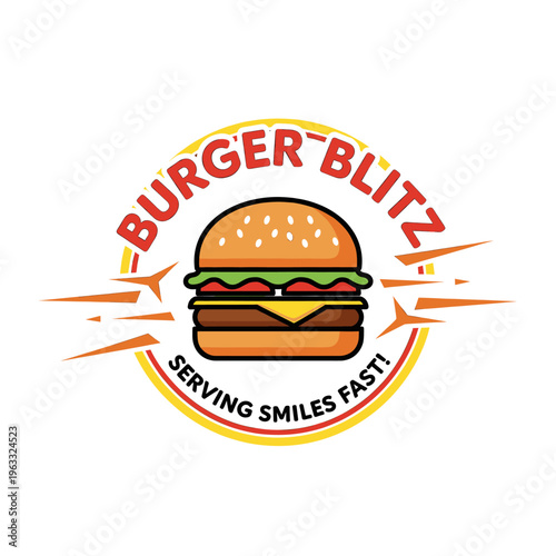 Burger Blitz logo featuring a delicious-looking hamburger with the slogan "Serving Smiles Fast!".