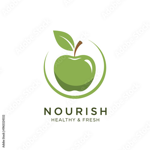 A vibrant green apple with a leaf, enclosed in a circular green outline, symbolizing health and freshness, with the text 'NOURISH HEALTHY & FRESH' below.