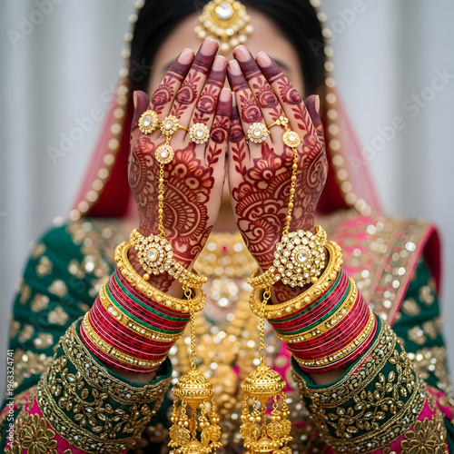 Indian bride in traditional wedding attire with henna hands and jewelry, celebrating her special day with elegance and beauty