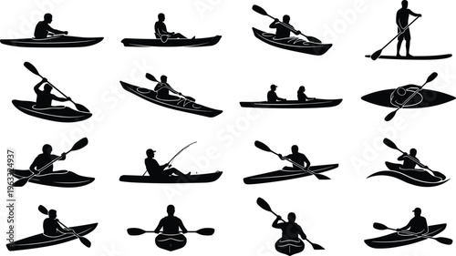 Black silhouette set of people kayaking, canoeing, and stand up paddleboarding including fishing and rowing poses on white background.