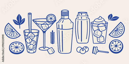 A collection of blue line art depicting cocktail ingredients and glasses
