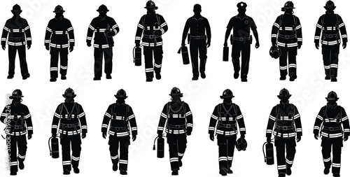Black silhouette set of firefighters and emergency responders in full protective gear carrying fire extinguishers on a white background.