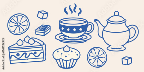 A whimsical illustration of tea time with sweets and citrus elements