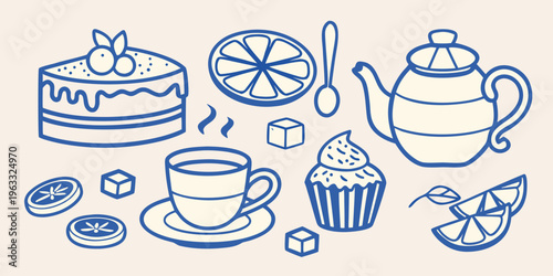 A blue line drawing of a cake tea and various sweet treats