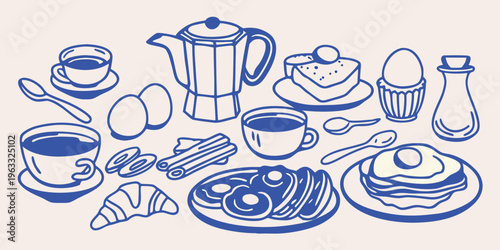 A colorful hand drawn illustration of a delicious breakfast spread