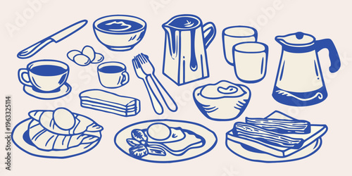 A collection of hand drawn breakfast items including coffee eggs and pancakes