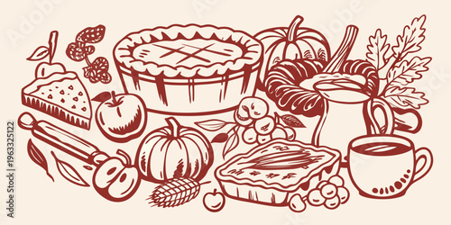 Autumn harvest illustration featuring pies pumpkins and fall foliage