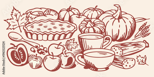Autumn harvest illustration featuring pumpkins apples and baked goods