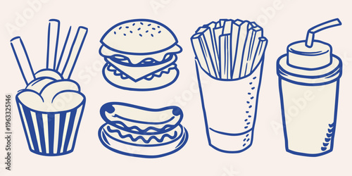 A simple blue line drawing depicting various fast food items