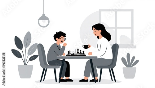 man and woman sitting at table playing chess
