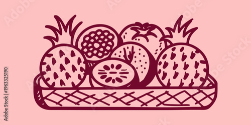 A hand drawn illustration of a woven basket filled with tropical fruits