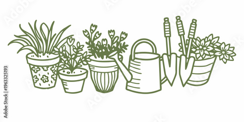 A collection of gardening tools and potted plants in green line art
