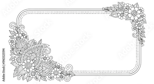 Black and white illustration of a floral frame with leaves and flowers on a white background.