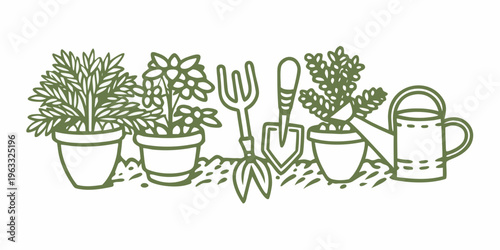 A charming illustration of gardening tools and potted plants in green