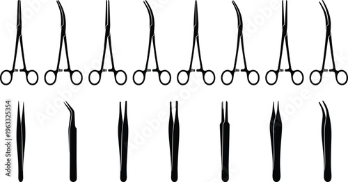Black silhouette set of surgical medical instruments including various forceps, hemostats, clamps, and tweezers on a plain white background.