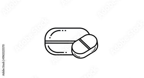 Minimalist black line drawing of two medical capsules or pills representing pharmaceutical medication healthcare treatment and pharmacy clinical drug supply.