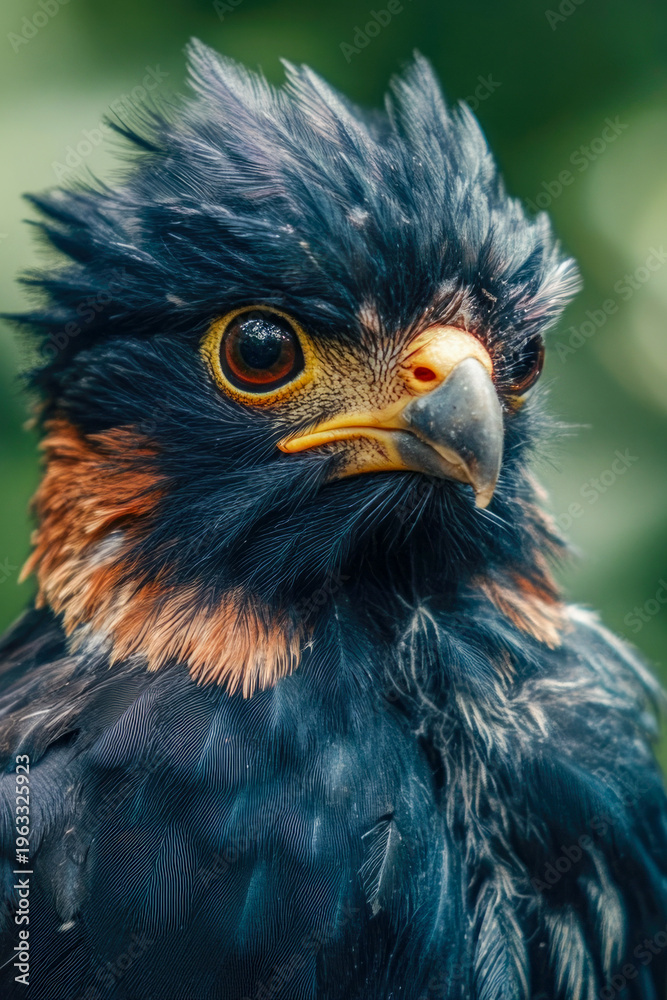 Fototapeta premium Close-up shot of a bird of prey's face and feathers, suitable for use in wildlife or nature documentaries
