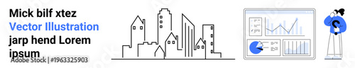 Minimalist cityscape, interactive data dashboard with graphs, and individual presenting data. Ideal for urban planning, analytics, business growth, marketing, research, education simple landing page