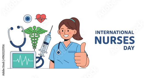 Illustration of a female nurse with a thumbs-up gesture celebrating International Nurses Day with medical symbols and a heart rate monitor in a colorful graphic design.