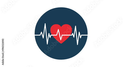A close-up shot of a red heart with an electrocardiogram line on a dark blue circle against a clean white background.