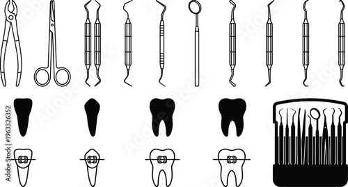 Vector icon set of professional dental instruments including forceps, mirrors, probes, and teeth with orthodontic braces on white background.