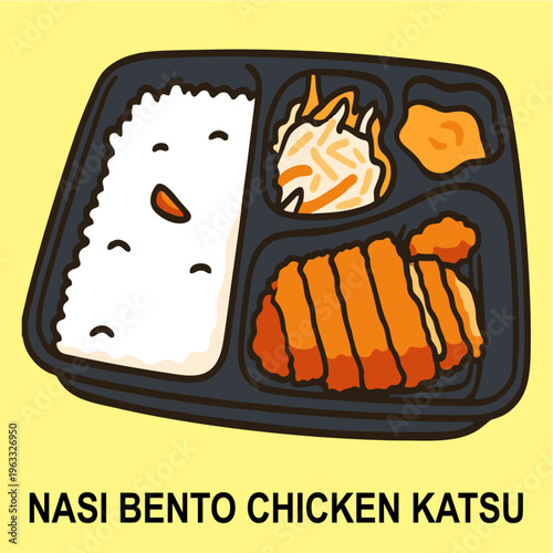 Indonesian Nasi Bento Chicken Katsu Illustration - Flat Vector Japanese Katsu-don Style Meal in a Box