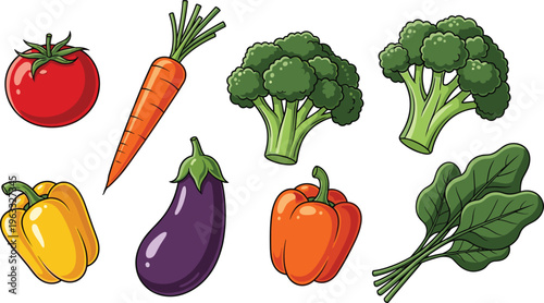 Assorted Vegetables Including Tomato, Carrot, Bell Peppers, Broccoli, and More, Hand-Drawn Vector Illustration for Healthy Food, Organic, and Farming Designs