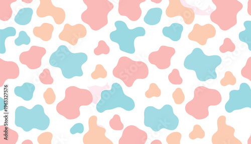 Playful seamless pastel pattern with abstract cow spots in soft pink, blue, and peach tones, fun and modern vector background for kids designs, textiles, packaging, and creative projects.