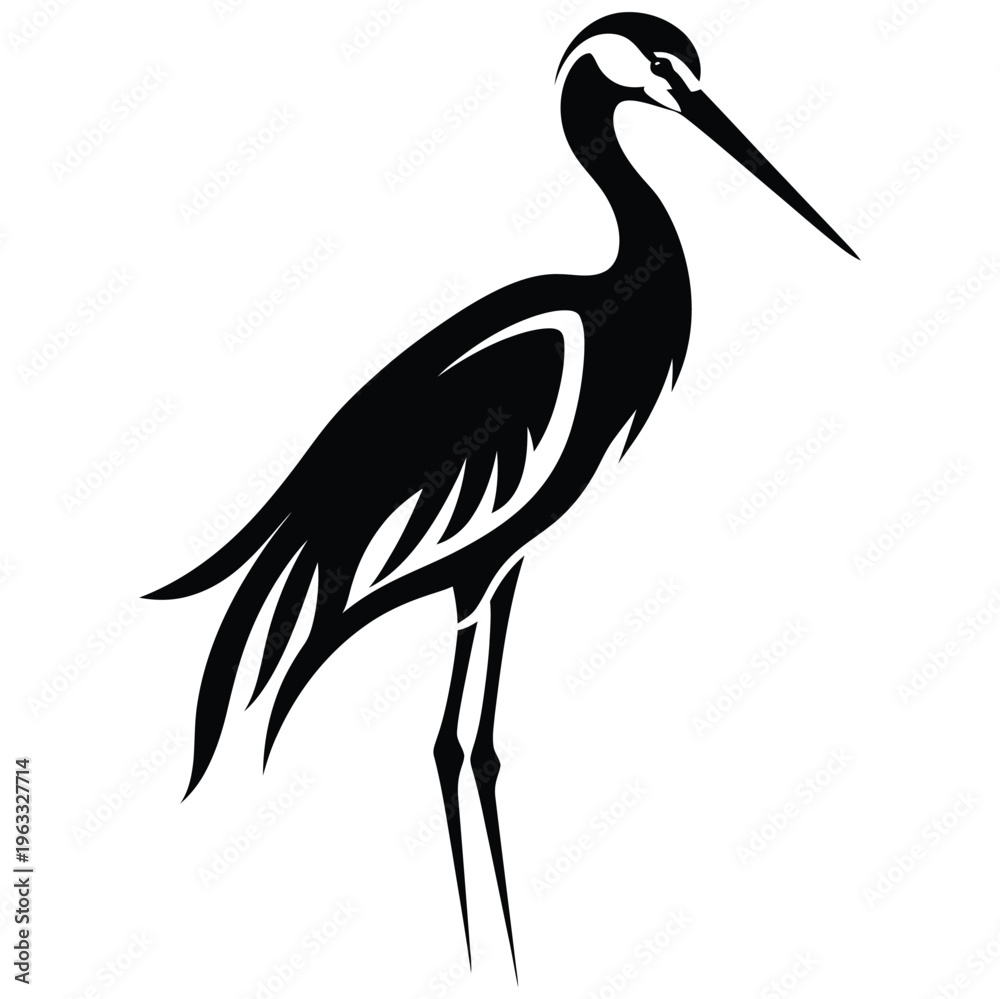 Naklejka premium Black silhouette of a stylized crane bird white