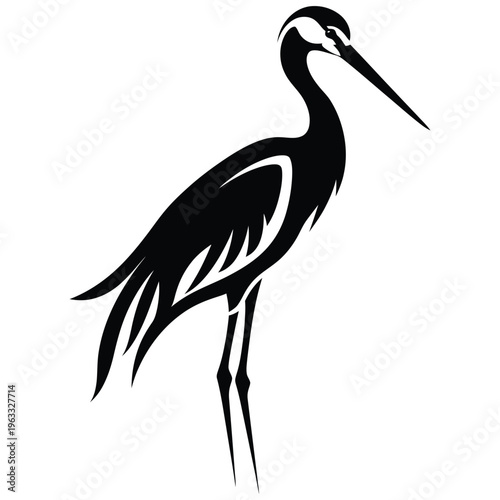 Black silhouette of a stylized crane bird white