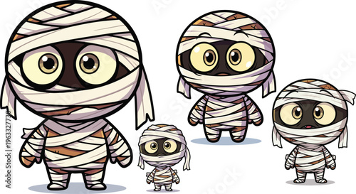 Cute mummy cartoon characters set, adorable Halloween monster vector illustrations, 4 little mummy icons with big eyes for spooky party decor